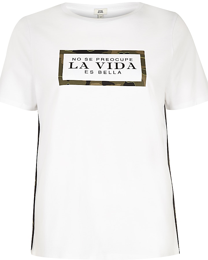 White ‘La vida’ camo print T-shirt