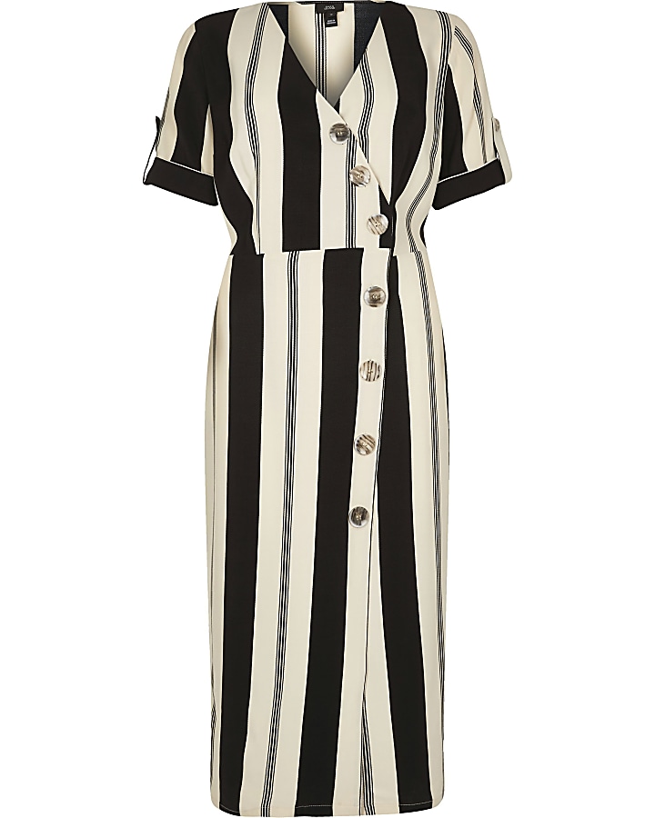 Black stripe print button front midi dress
