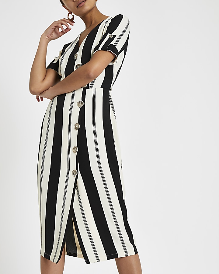 Black stripe print button front midi dress
