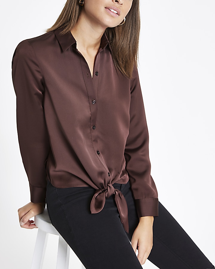 Dark brown tie front button-up shirt