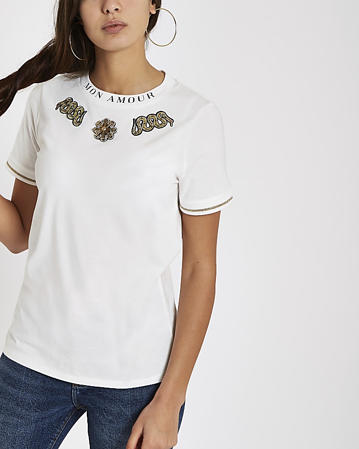 White snake embellished T-shirt