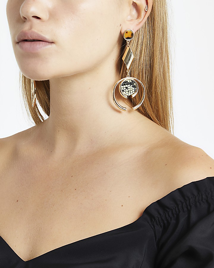 Gold colour animal print drop earrings