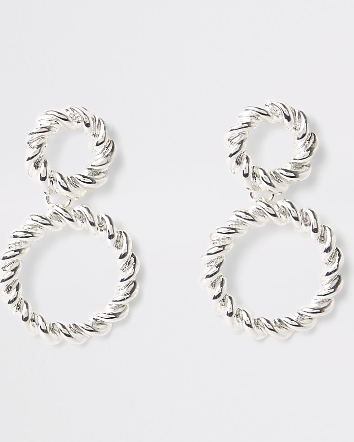 Silver colour twist hoop drop earrings