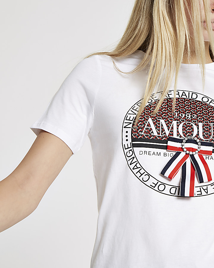 White ‘Amour’ geo print bow trim T-shirt