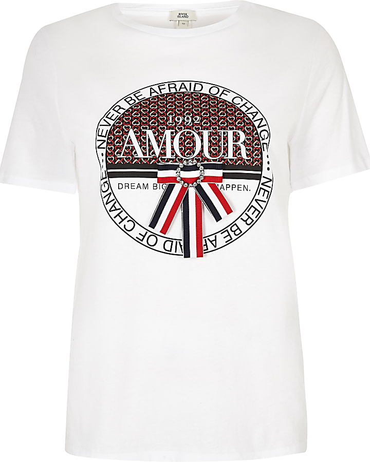 White ‘Amour’ geo print bow trim T-shirt
