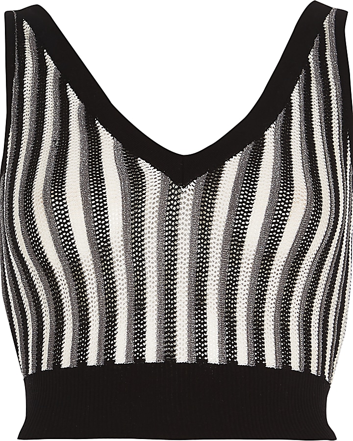 Petite black stripe metallic knit crop vest