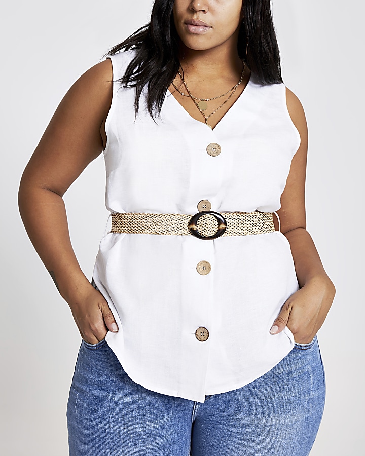 Plus white button front belted top