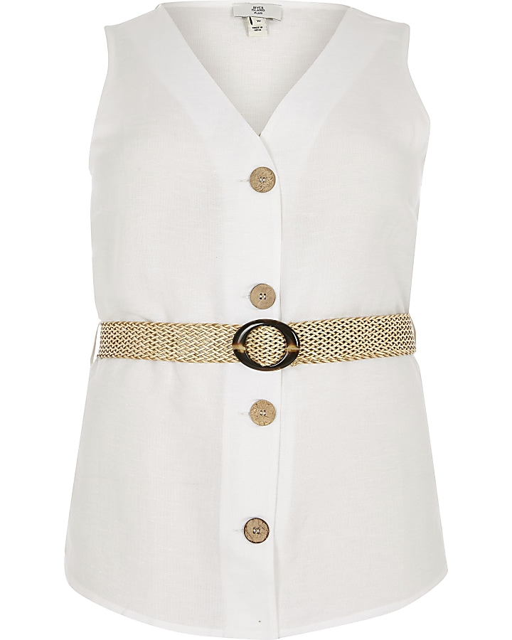 Plus white button front belted top