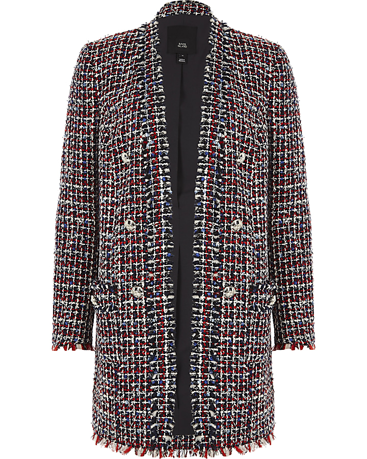 Red check boucle long line blazer