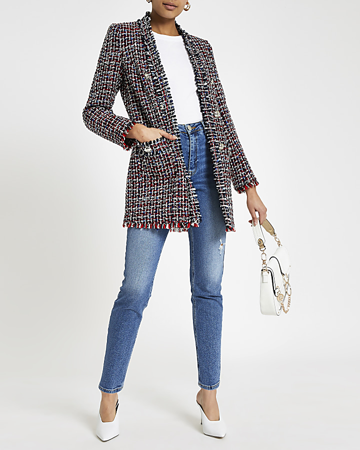 Red check boucle long line blazer