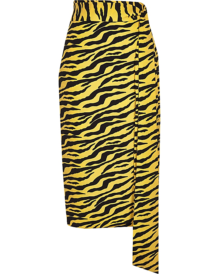 Yellow zebra print wrap front midi skirt