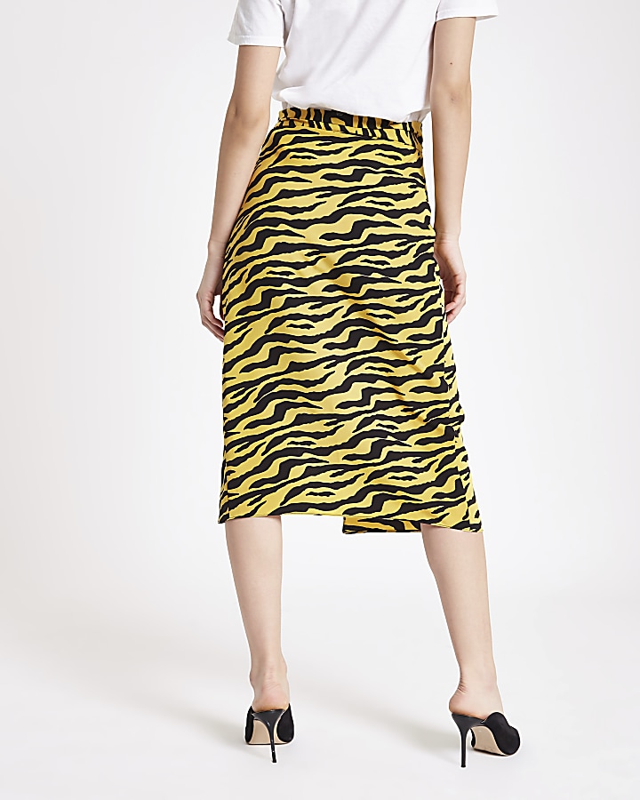 Yellow zebra print wrap front midi skirt