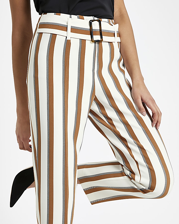 Brown stripe belted peg leg trousers