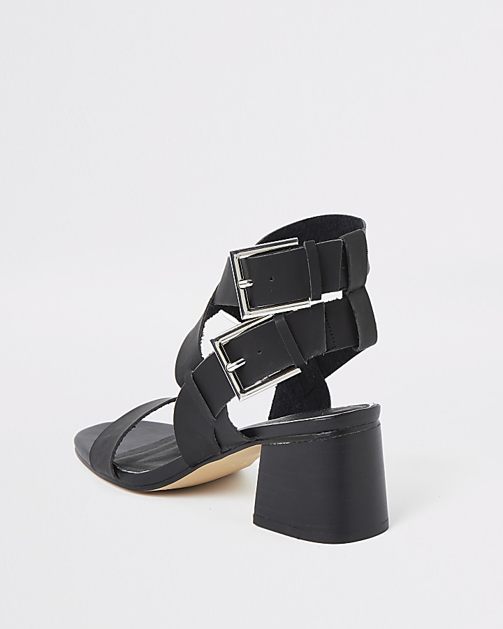 Black double buckle block heel sandals