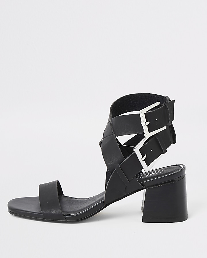 Black double buckle block heel sandals