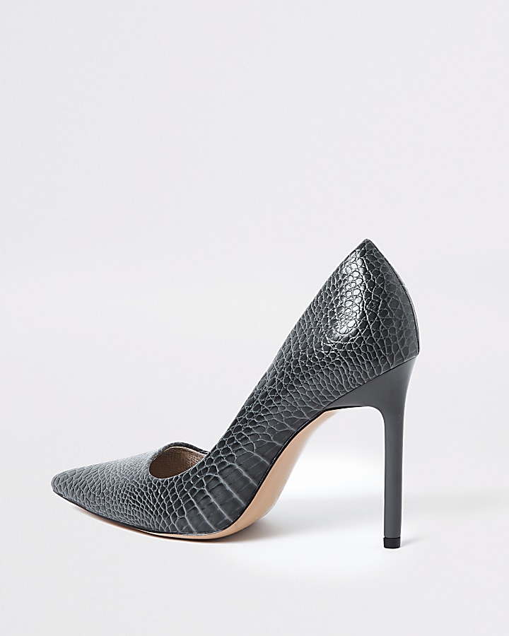 Grey croc skinny heel court shoes