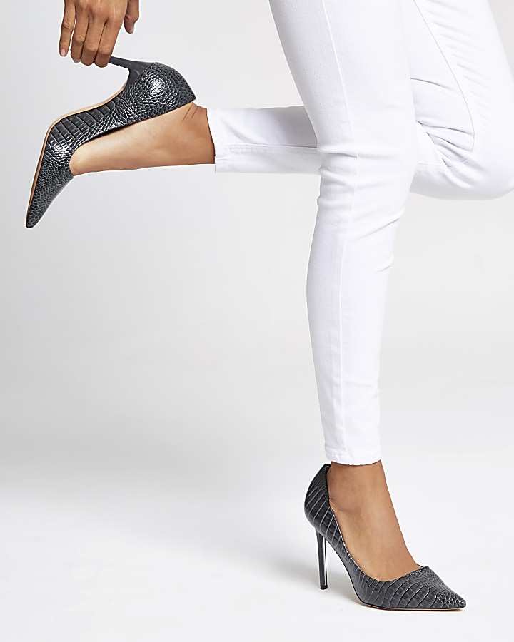 Grey croc skinny heel court shoes