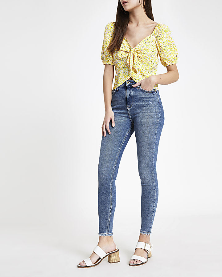Yellow floral tie front wrap top