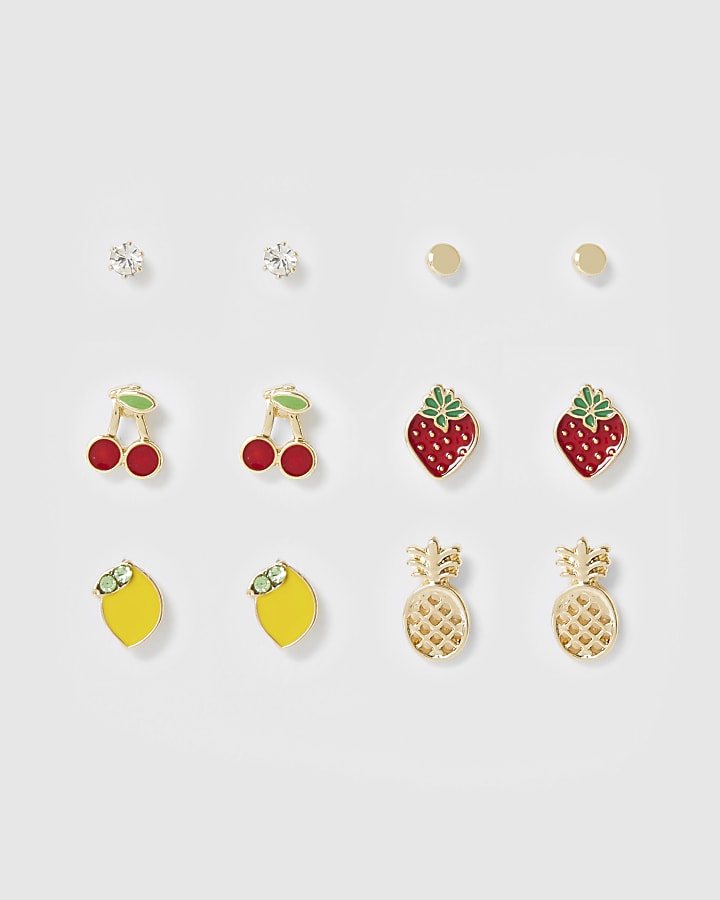 Gold colour mixed fruit earrings multipack