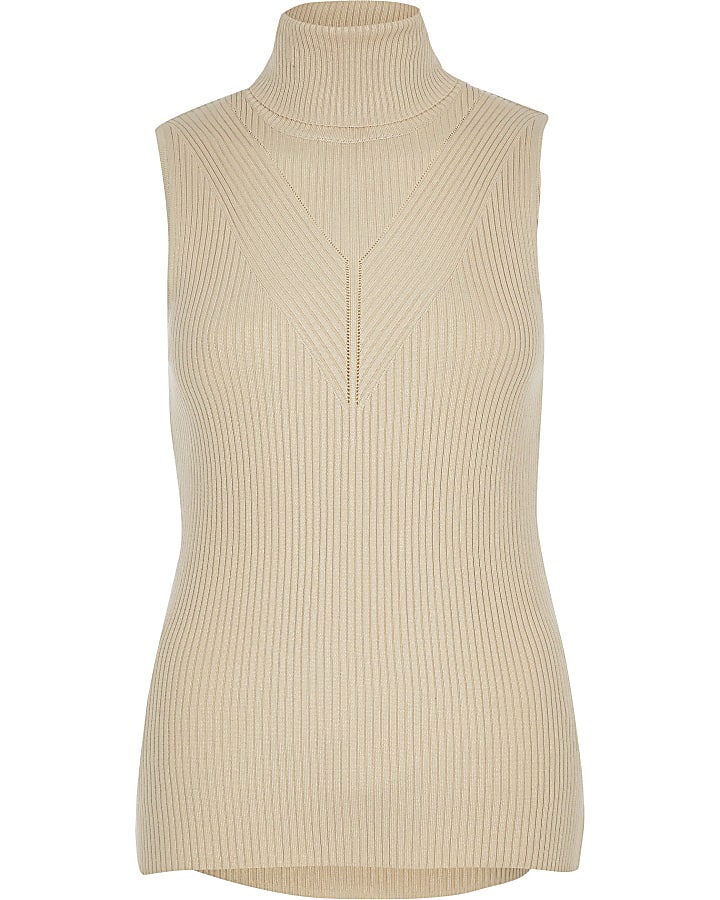 Beige cowl neck knitted top