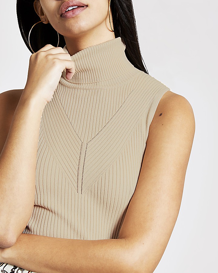 Beige cowl neck knitted top