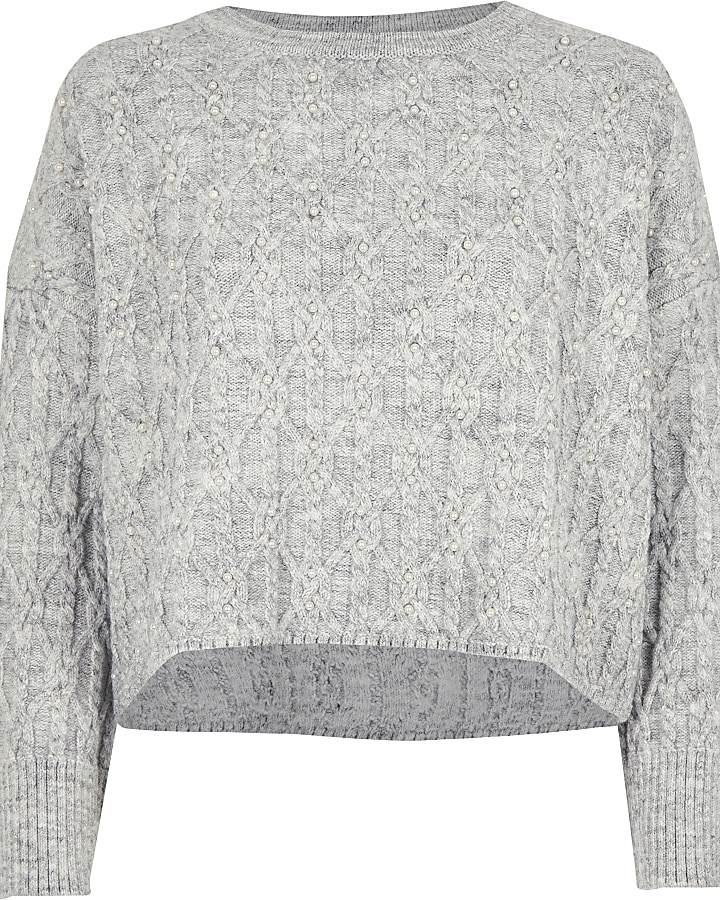 Grey faux pearl embellished knit jumper