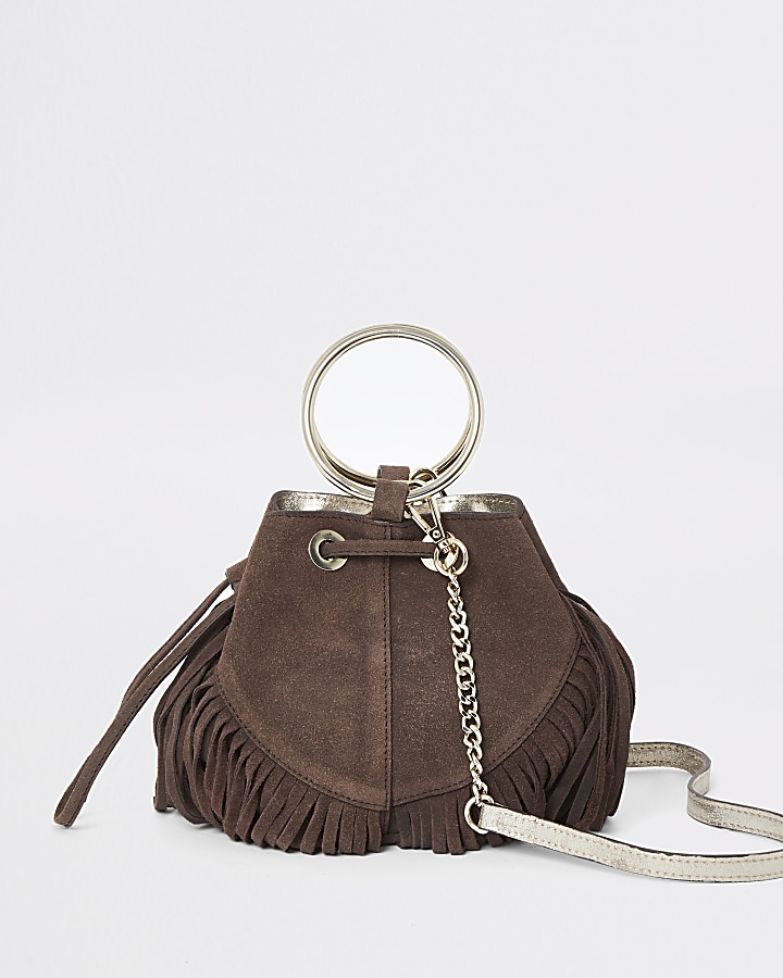 Brown leather small fringe bucket bag
