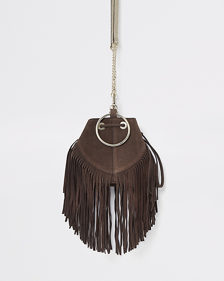 Brown leather small fringe bucket bag