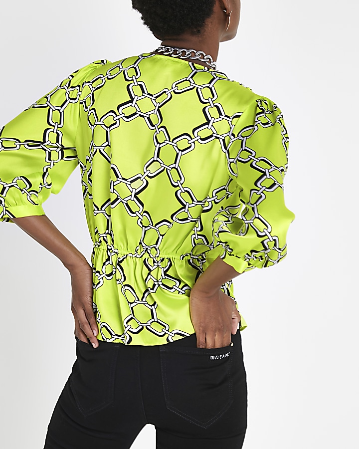 Green chain print double breasted blouse