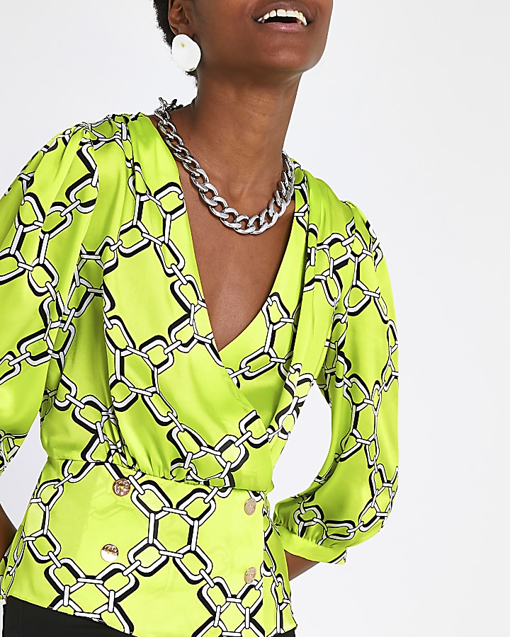 Green chain print double breasted blouse