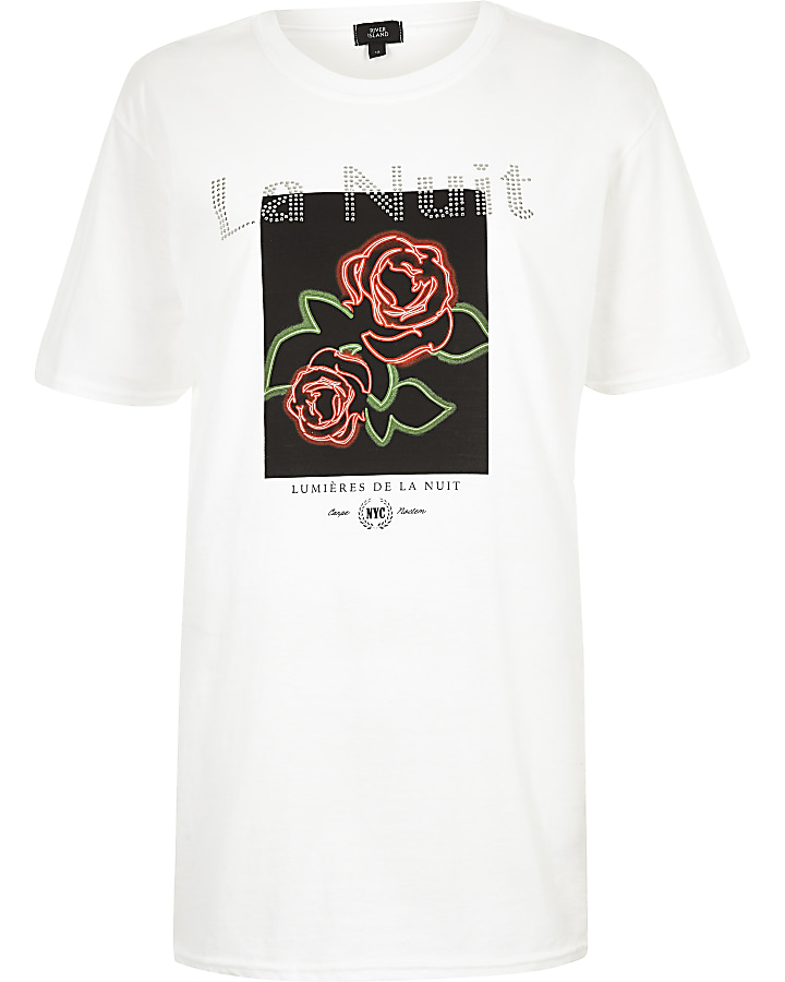 White rose print sequin T-shirt