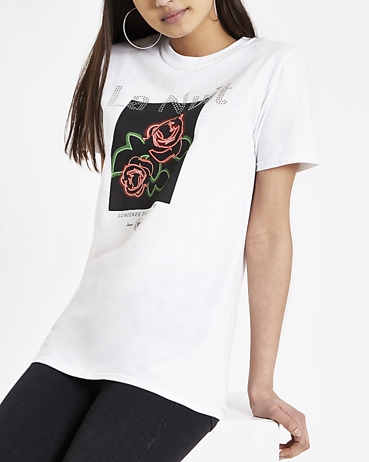 White rose print sequin T-shirt