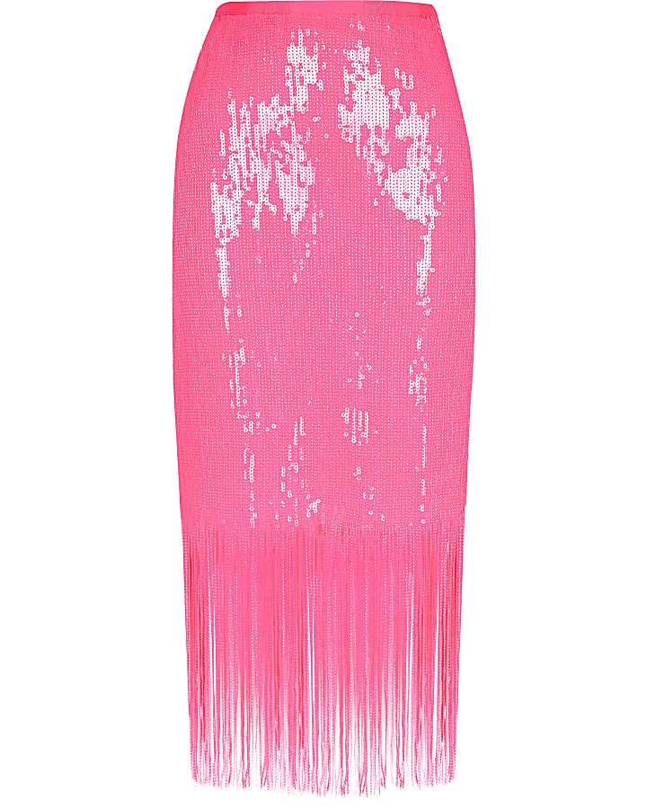 Pink sequin tassel pencil skirt