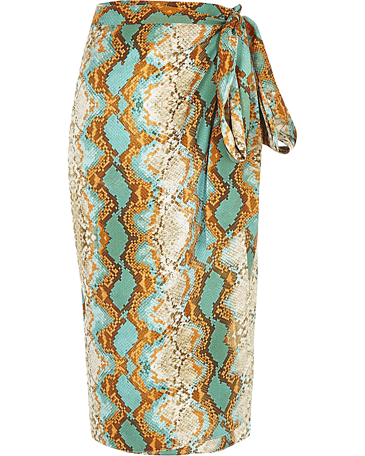 Turquoise snake print wrap midi skirt