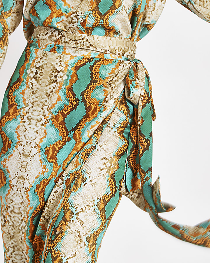 Turquoise snake print wrap midi skirt