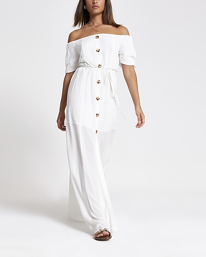 White bardot button front maxi dress