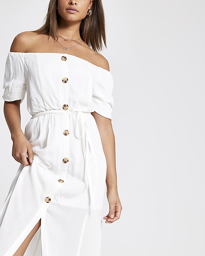 White bardot button front maxi dress