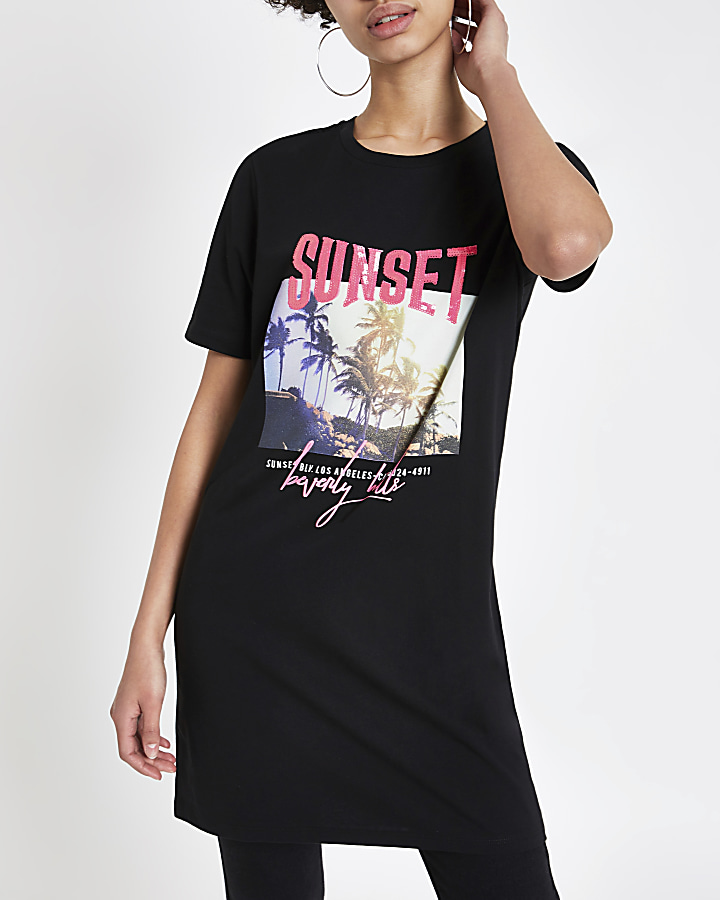 Black palm neon sequin print jumbo T-shirt