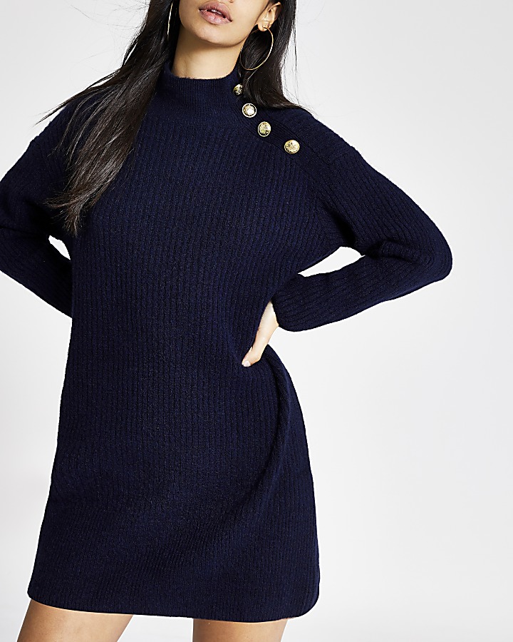 Navy button shoulder knitted jumper dress