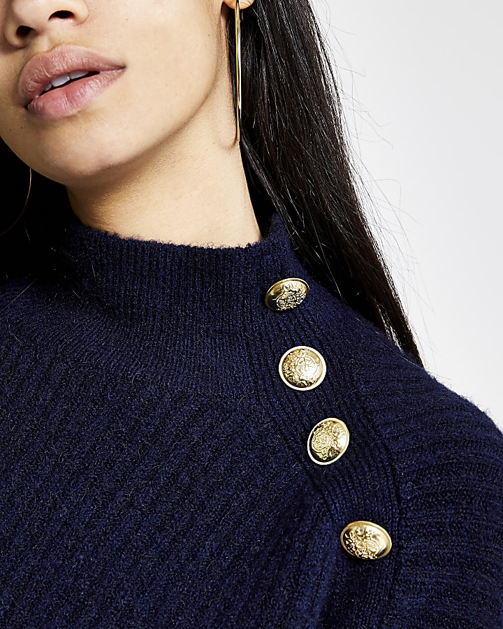 Navy button shoulder knitted jumper dress