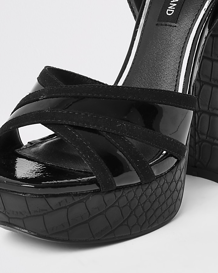 Black croc embossed strap platform heels