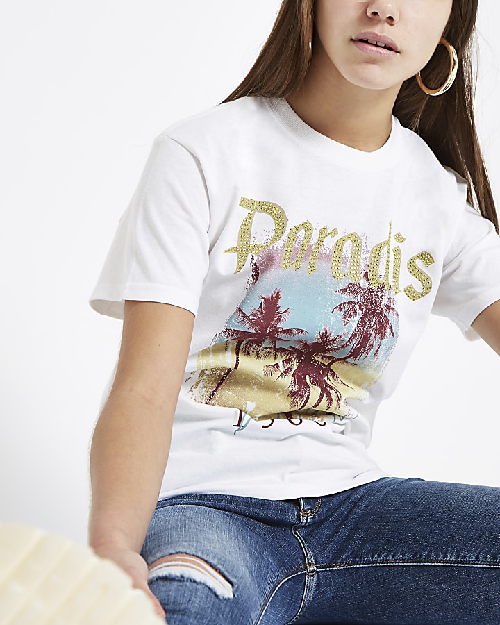 Petite white palm tree sequin print T-shirt