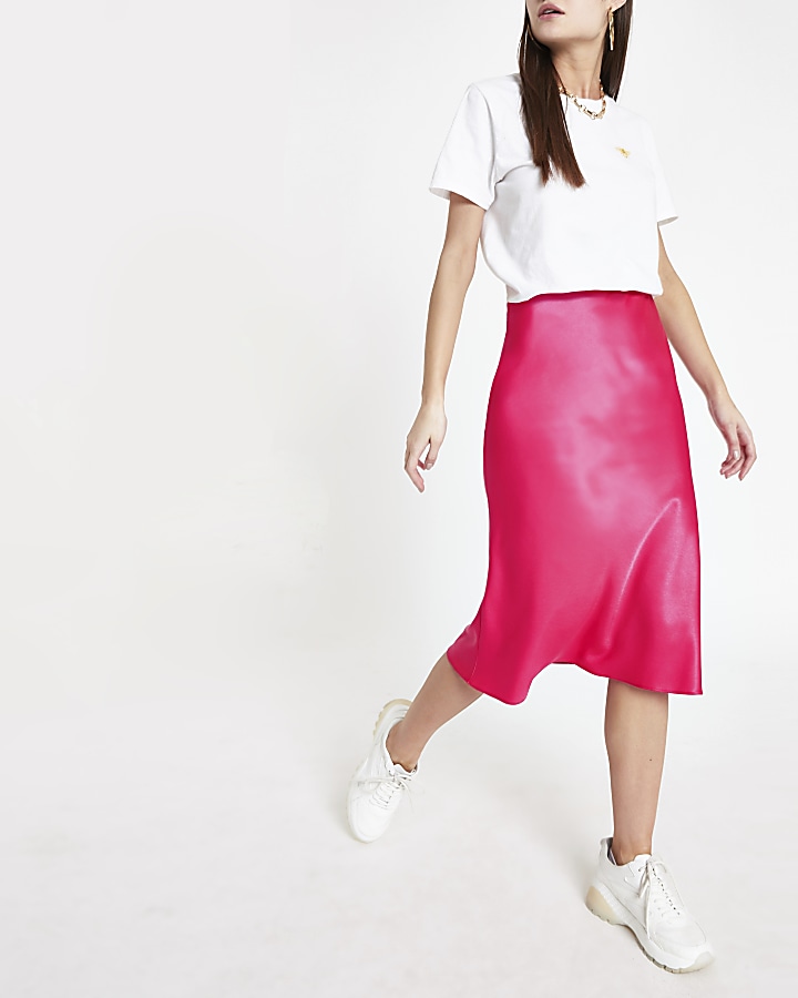 Pink bias cut midi skirt