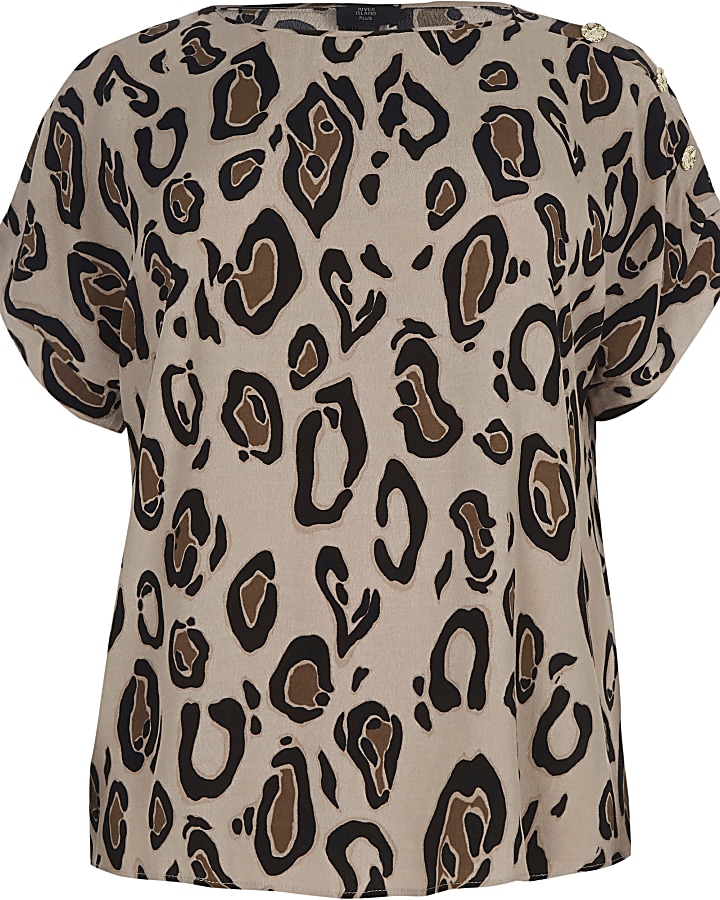 Plus brown leopard print button T-shirt