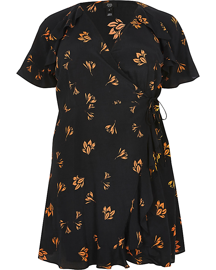 Plus black floral print tea dress