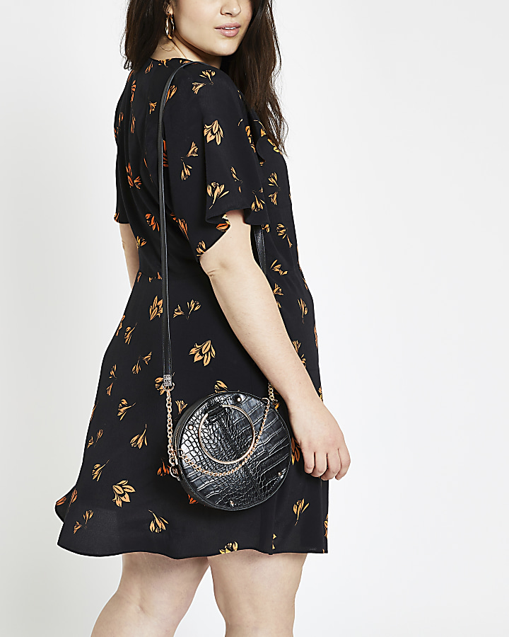 Plus black floral print tea dress