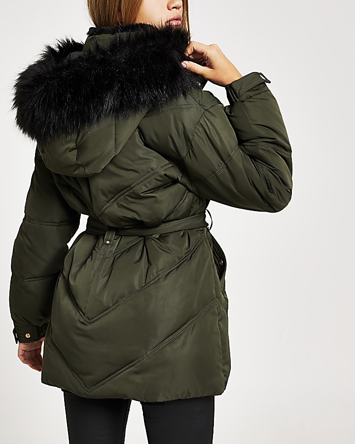 Khaki faux fur hood belted puffer coat
