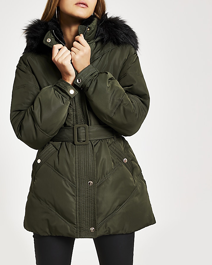 Khaki faux fur hood belted puffer coat