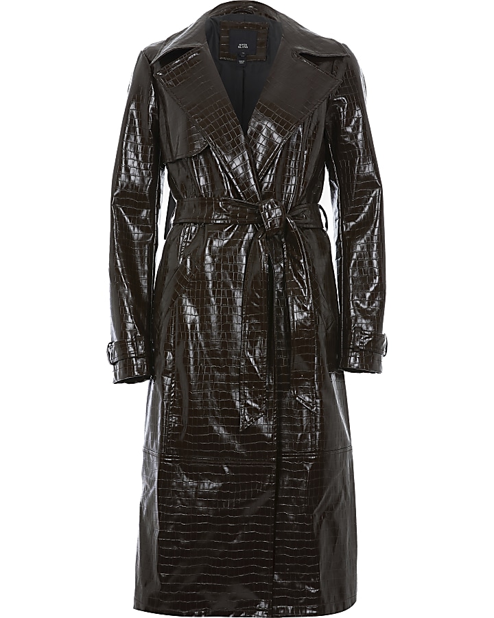 Brown croc embossed belted trench coat