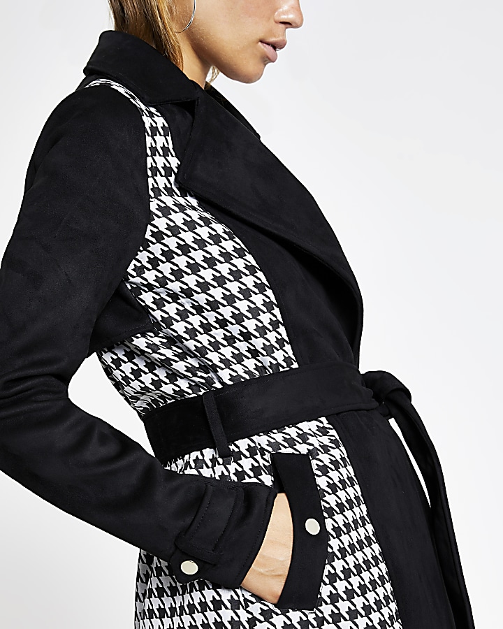 Black suedette dogtooth check trench coat